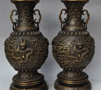 

marked chinese pure bronze dragon play bead statue Zun Cup Bottle Pot Vase pair