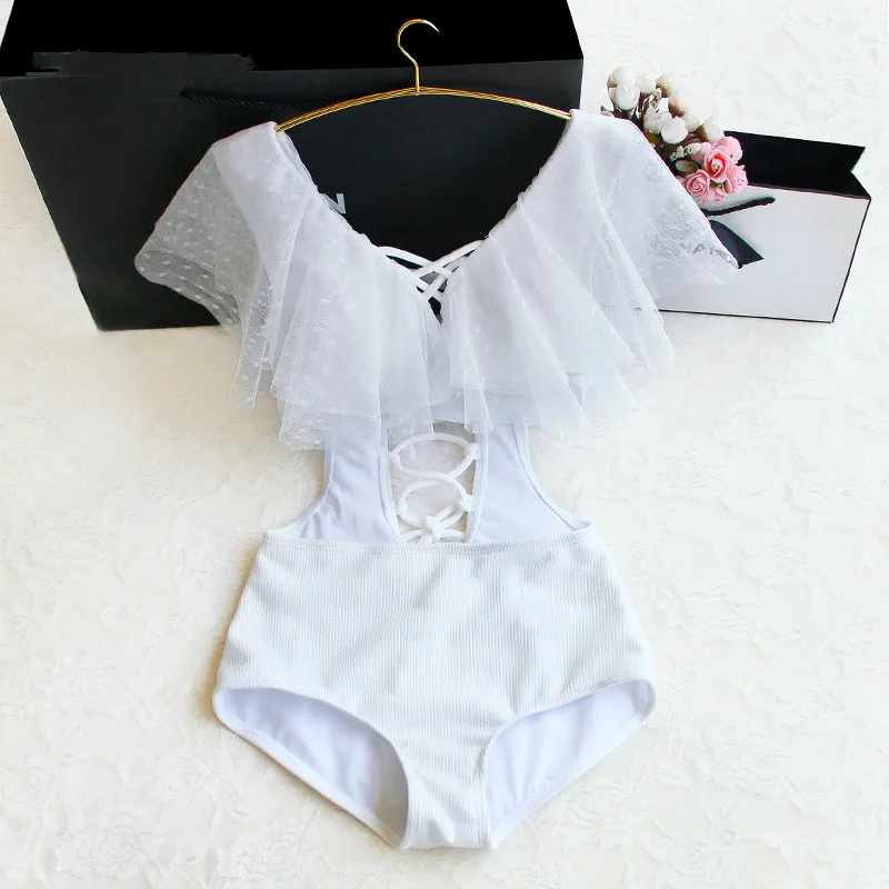 

Dot One Piece Swimsuit Bandage Women Swimwear Push Up Bathing Suit Deep V Neck White Bodysuit Sexy Ruffles Bathing Suit Beach