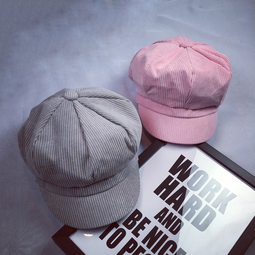 

Korean Sun Hat Fashion New Women Spring Summer Corduroy Vintage Beret Cap Casual Solid Cotton British Peaked Hat Breathable Pink