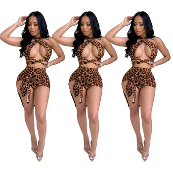 

Leopard Sexy Two Piece Set Summer Halter Crop Top High Waist Pencil Skirts Summer Outfits