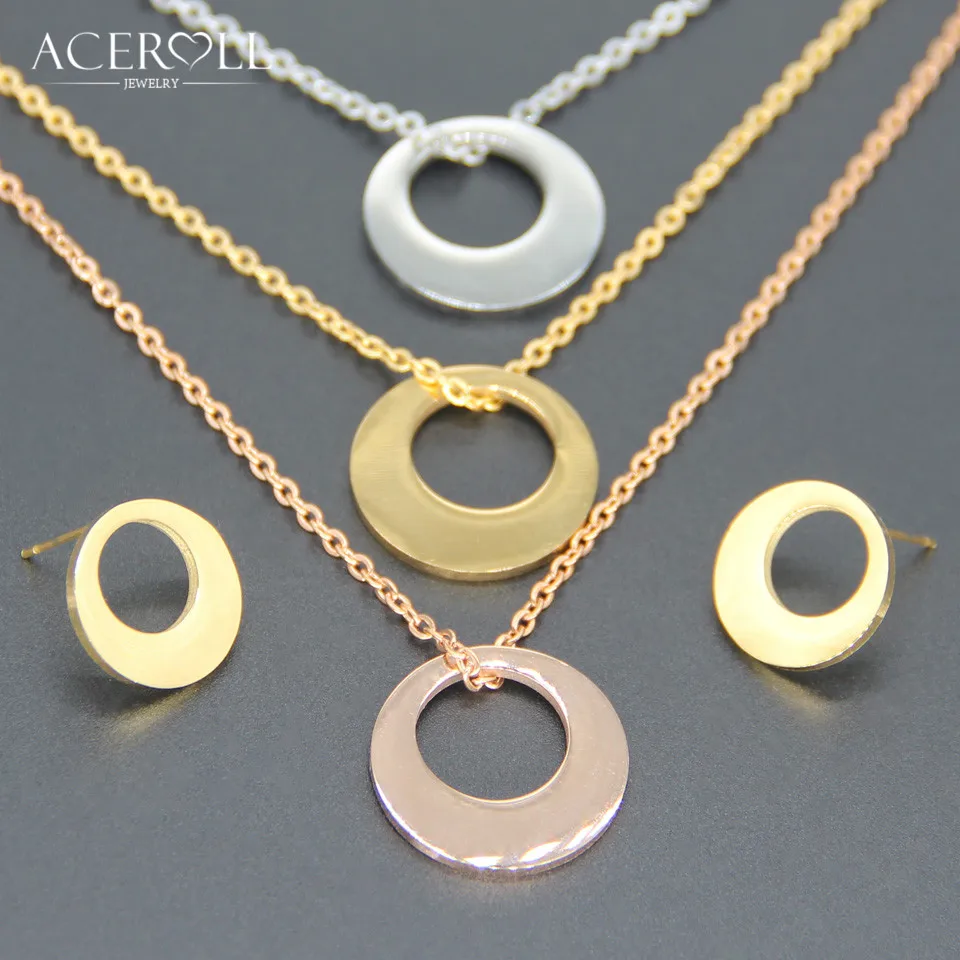 

ACEROLL Three Layers Jewelry Set - Stainless Steel Triple Color Rose Gold Hollow Round Earring and Pendant Necklace with 3 Chain