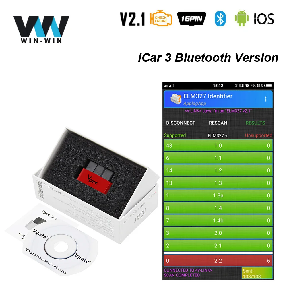 

Vgate iCar3 V2.1 ELM327 Bluetooth ELM 327 iCar 3 OBD2 OBDII Bluetooth Auto Code Readers Diagnostic better than ELM 327 V1.5