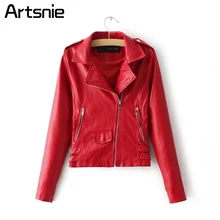 Red Casual Turn Down Collar Leather Faux Jackets Women 2018 Autumn Winter Long Sleeve Zipper Double Pockets Coats Streetwear