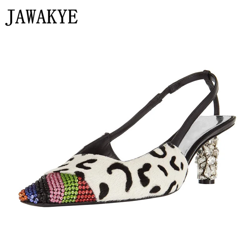 

2019 new runway leopard print crystal high heels sandals women luxurious rhinestone closed toe slingbacks summer shoes woman