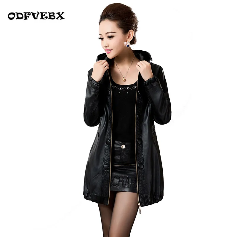 

Autumn female PU leather jackets fashion medium long wild plus size L-5XL Slim motorized leather jacket coat women ODFVEBX HY552