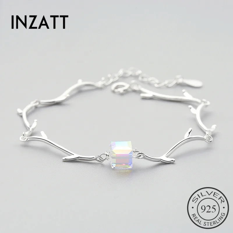 

INZATT Trendy 925 Sterling Silver Crystal Square Bracelet For Women Geometric Summer Metal Branch Chain Jewelry Romantic Gift