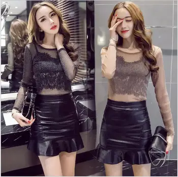 

Fashion Slim Perspective Full Tops Leather Skirt Package Hip Three Piece Suit Women's Suits With Skirt Disfraces Mujer HJ75