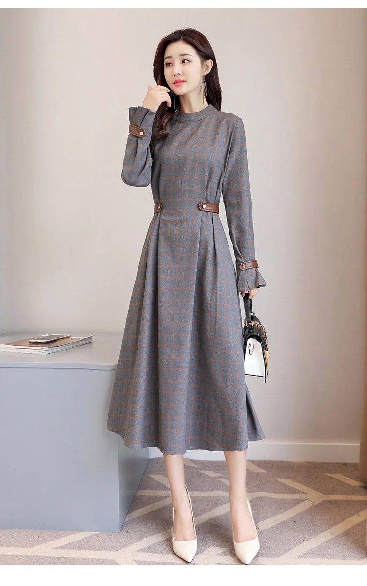 New Brand Spring Autumn Long Sleeve Plaid Dress Women Elegant Empire Pleated Dresses Elegant Office Work Vintage Long Dress