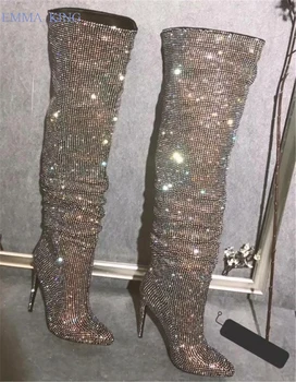 

Luxury Full Bling Bling Crystal Over Knee Boots Autumn Winter Boots Women Shoes Rhinestone Design Thigh High Heels Long Boots
