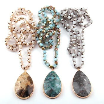 

Free Shipping Fashion Square Glass Long Knotted Natural Stone Pendant Necklaces For Women Ethnic Necklace