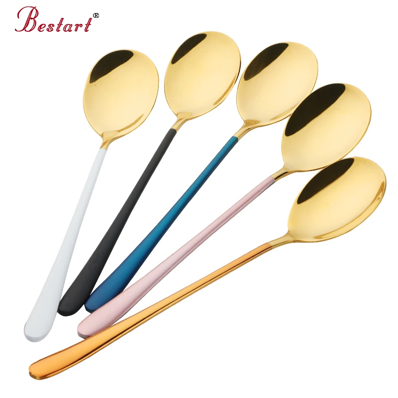 5PCS Top Grade Stainless Steel Colourful Spoons Set Korea Spoon Long