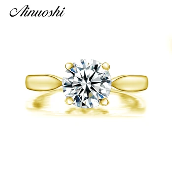 

AINUOSHI Classic 4 Claws Round Solitaire Ring 14K Solid Yellow Gold SONA Diamond Lover Promise Wedding Engagement Ring for Women