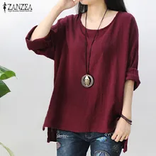 2021 ZANZEA Retro damska O Neck z długim rękawem Split Baggy bawełna jednokolorowa na co dzień luźne jednolite topy koszula bluzka na imprezę Blusas Plus rozmiar