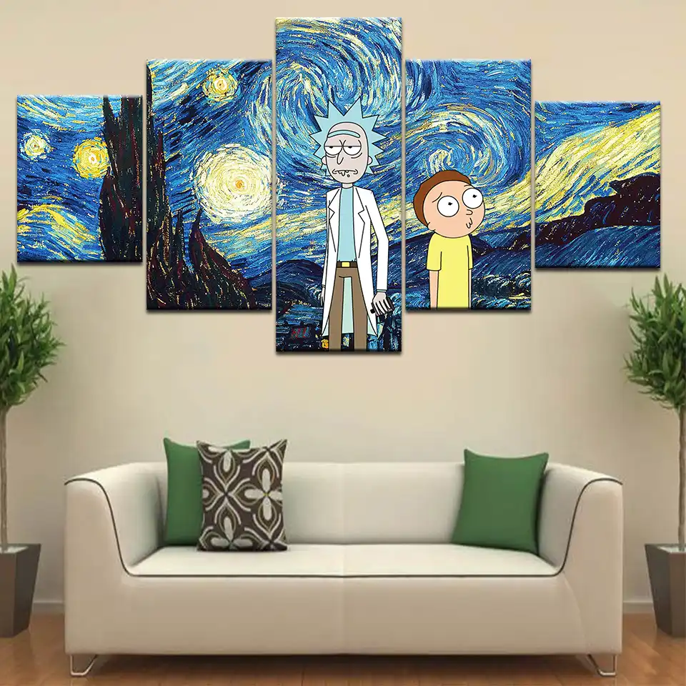 Van Gogh The Starry Night Canvas Pictures Wall Art Animated Rick And Morty Child S Room Bedroom Decor Hd Prints Cartoon Painting