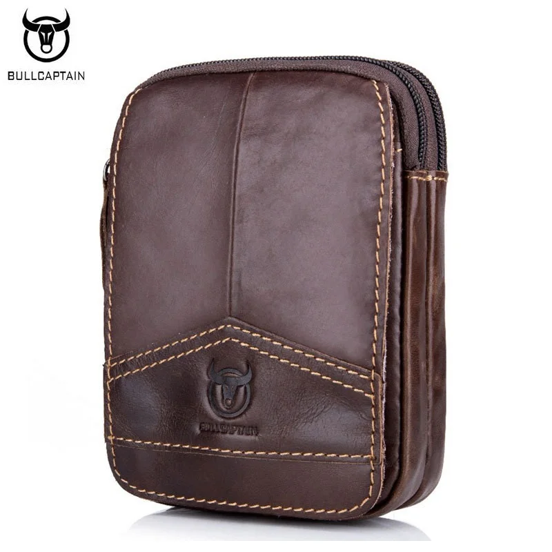 BULLCAPTAIN Fashion Mens Waist Packs Bag Genuine Leather Small Man Bag Belt Loops Hip Bum Bag Double Besign Purses Phone Pouch