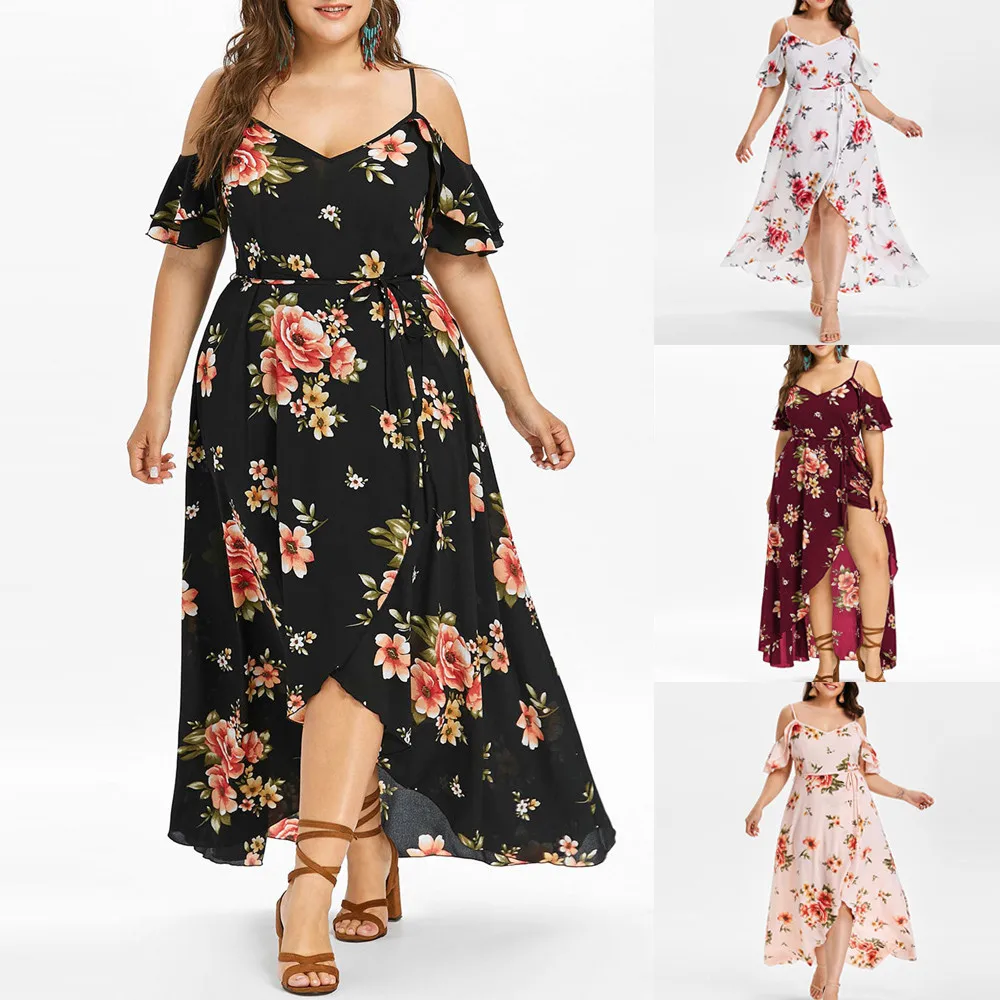 

Plus Size Dress Women's Short Sleeve V-Neck Cold Shoulder Boho Flower Print Casual Party Dress For Female Drop Shipping WKL063