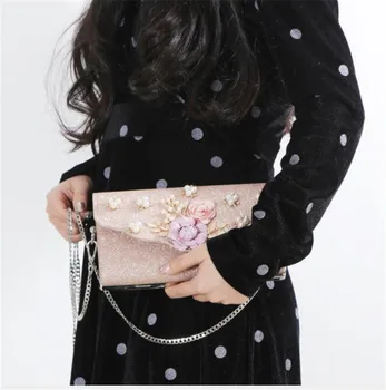 

2020 handmade flowers evening clutch purse wedding dinner bags with chain gold clutch purse for ladies drop shipping MN1352