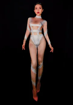 

Sparkly Crystals Sexy Nude Jumpsuit Long Sleeves Stretch Bodysuit Women's Birthday Party Nightclub Female Singer Outfit Clothes