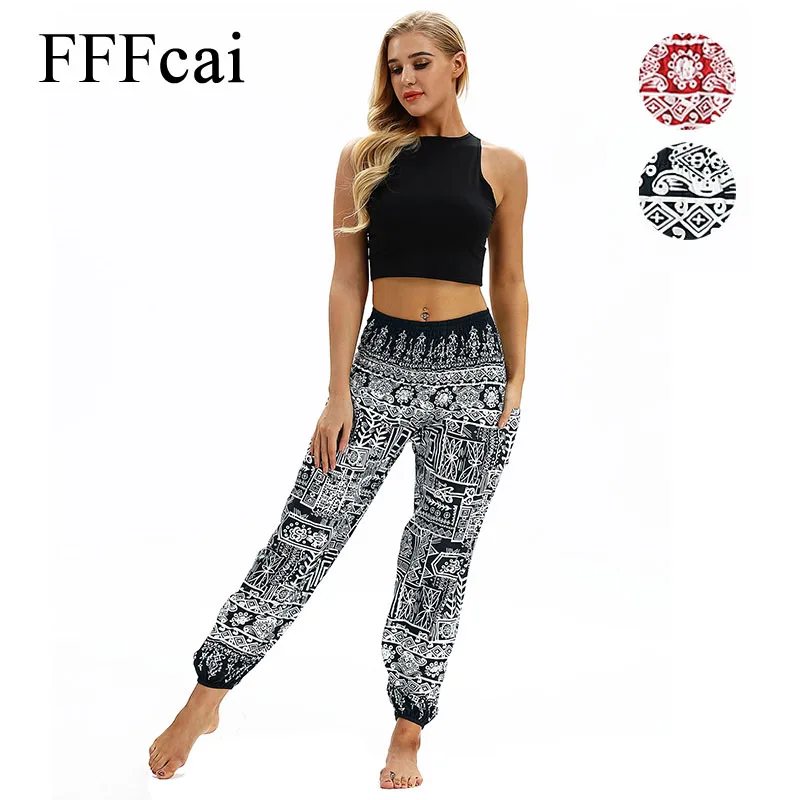 FFFcai Black & Red Yoga Leggings Lounge Pant Bloomers Thai Style Wide