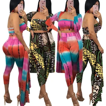 

fashion sexy ladies Clubwear Autumn Bodycon Party print strapless high waist pants long sleeve trench 3 piece set 2018 New