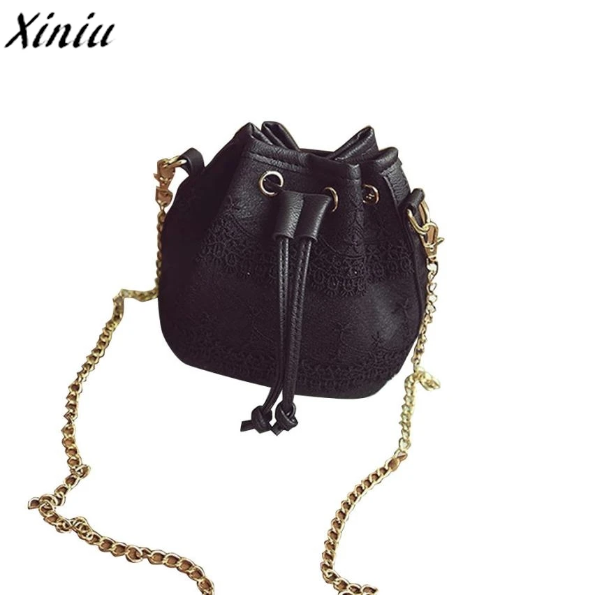 

Women Lace Handbag Solid Leather Drawstring Shoulder Bag Small Fresh Messenger Bag Fashion Bucket Sac Cabas Femme De Marque#7011