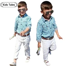 Модный комплект одежды для мальчиков, свободная хлопковая рубашка в клетку+ штаны+ ремень, комплект детской одежды с миньонами из 3 предметов, розничная, ST154