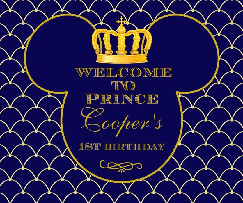 

Custom Mickey Mouse Royal Blue Gold Crown backdrops polyester or Vinyl cloth High quality Computer print birthday backdrops