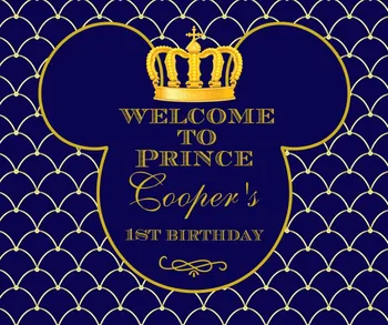 

Custom Mickey Mouse Royal Blue Gold Crown backdrops polyester or Vinyl cloth High quality Computer print birthday backdrops