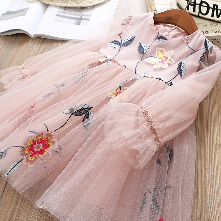 Платье для девочек весенние платья с длинными рукавами и цветочным рисунком для девочек Детские платья с вышивкой для девочек, праздничное платье Детская одежда YW