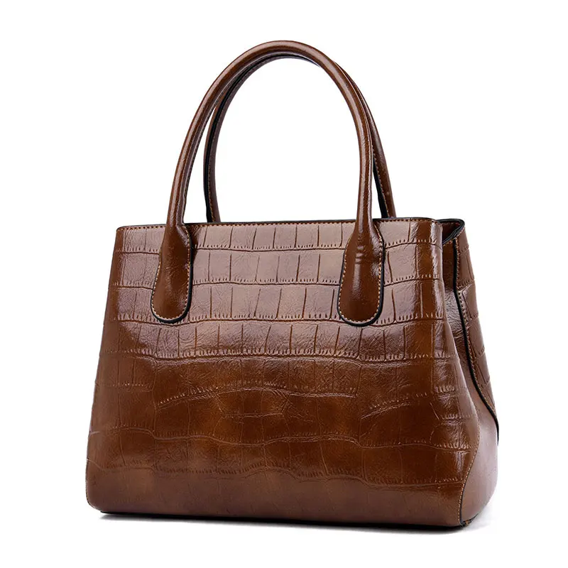 Женская Роскошная сумка из натуральной кожи высокого качества, классическая сумка с узором «крокодиловая кожа», женские сумки среднего возраста, большая вместительность, OL, с верхней ручкой - Цвет: Brown
