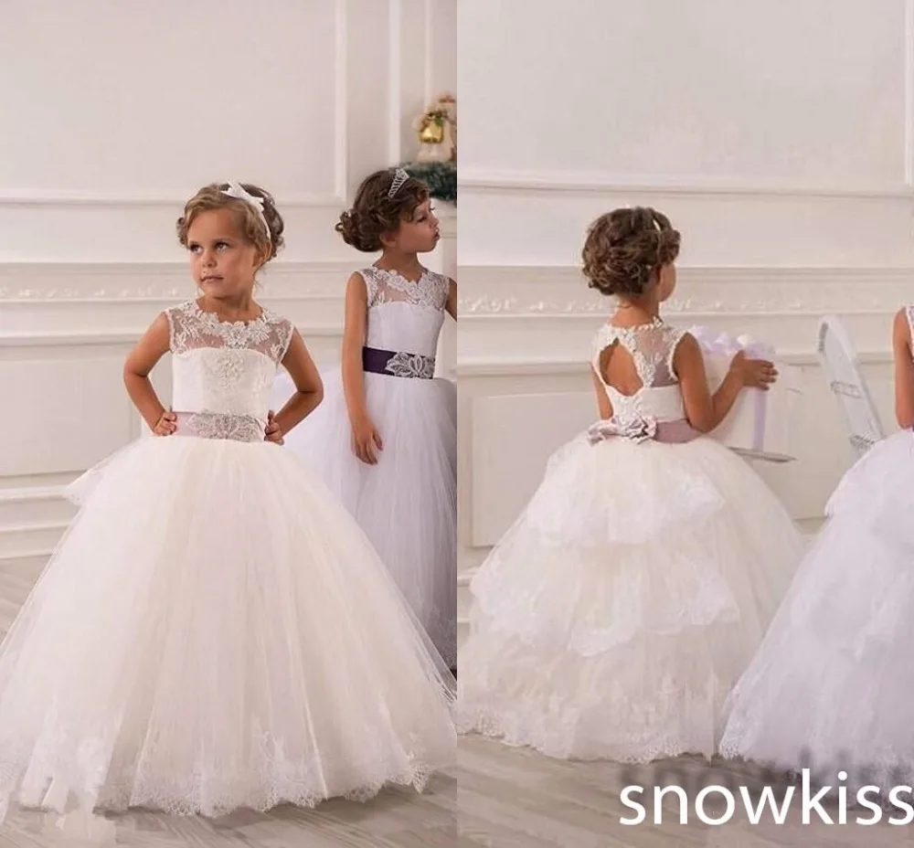 

High Quality French Alencon Lace Open Back Beaded Crystals Blings Ball Gown First Communion Flower Girl dresses Kids Gowns