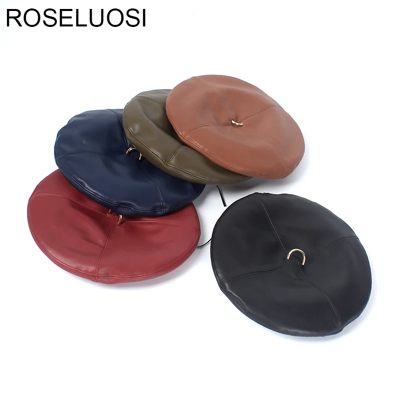 

ROSELUOSI Autumn Winter Leather Berets Hat 2018 New Fashion Solid Color PU Leather Beret Hats With Ring Bonnet Caps