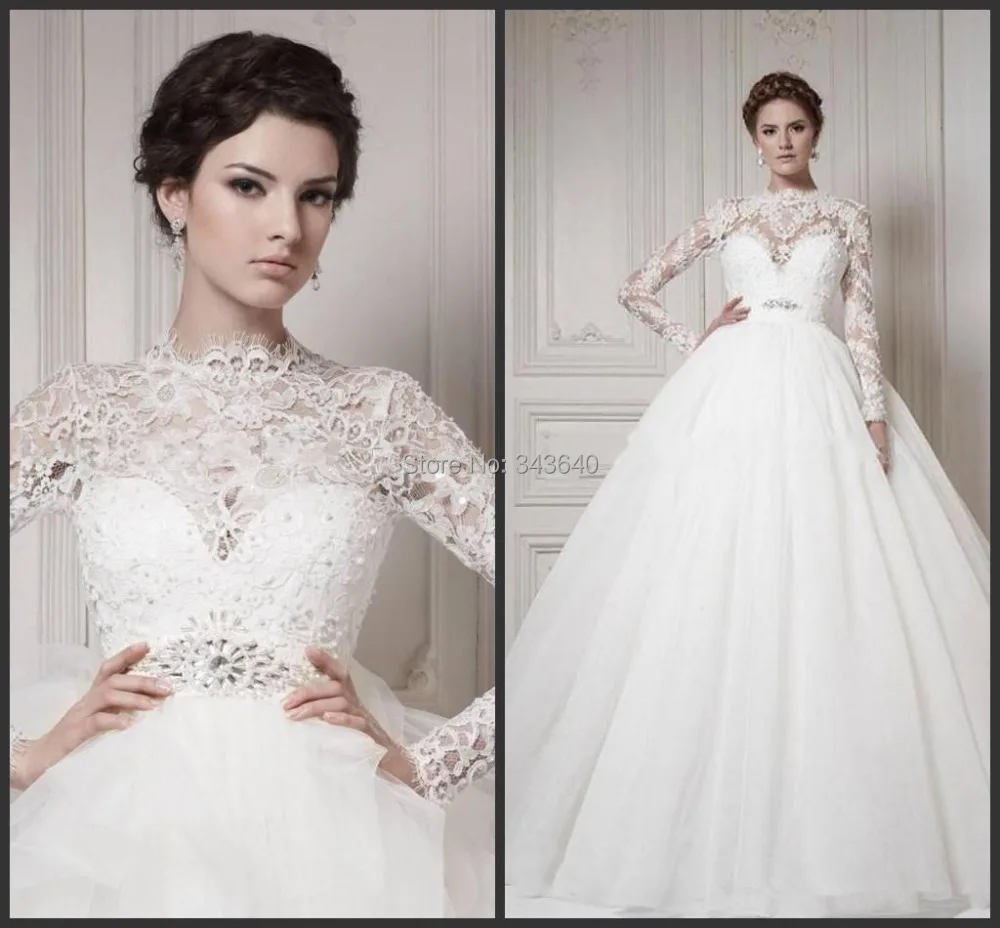 New Long Sleeve High Neck Crystals Lace Tulle Ball Gown Wedding Dress Bridal Custom Made Size 2 4 6 8 10 12 14 16 18+ W592 | Свадьбы и