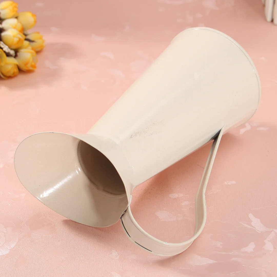 Vintage Tall Metal Shabby Chic Cream Vase Enamel Pitcher Jug Wedding Home Decor