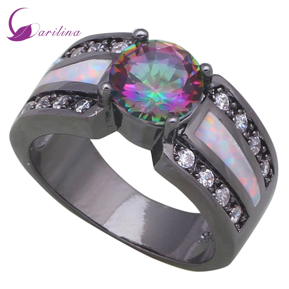 

Christmas gift Shiny Rainbow Mystic Topaz Pink opal Party women' ring Black Gun Plated jewelry ring size 5 6 7 8 9 R480