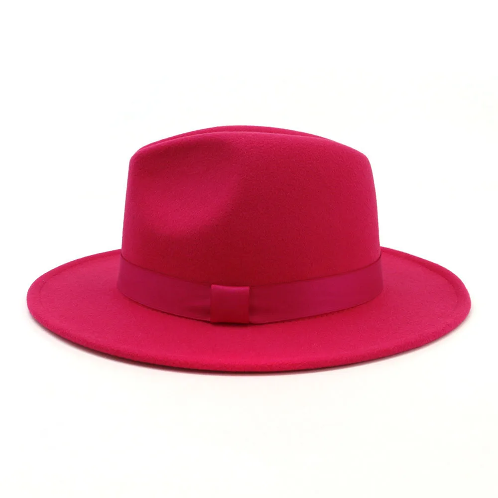 Женские стильные розовые шерстяные фетровые джазовые фетровые шляпы с лентой с широкими полями Панама официальная шляпа Трилби дамские шляпки