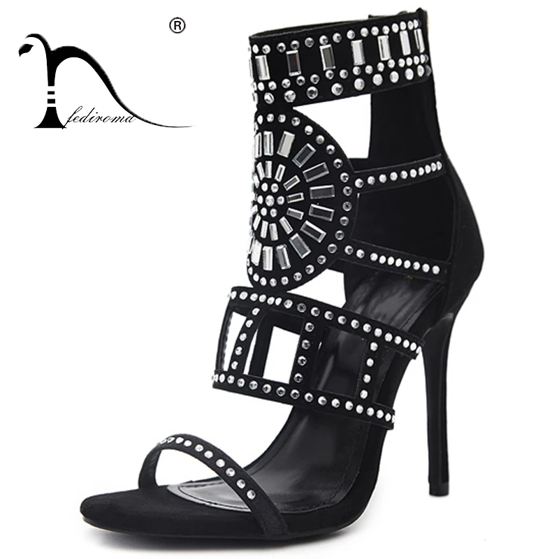 

FEDIROMA Women Sandals 2018 Spring Summer Peep Toe High Heels Hollow Gladiator Sandalias Rhinestone Crystal Shoes Woman