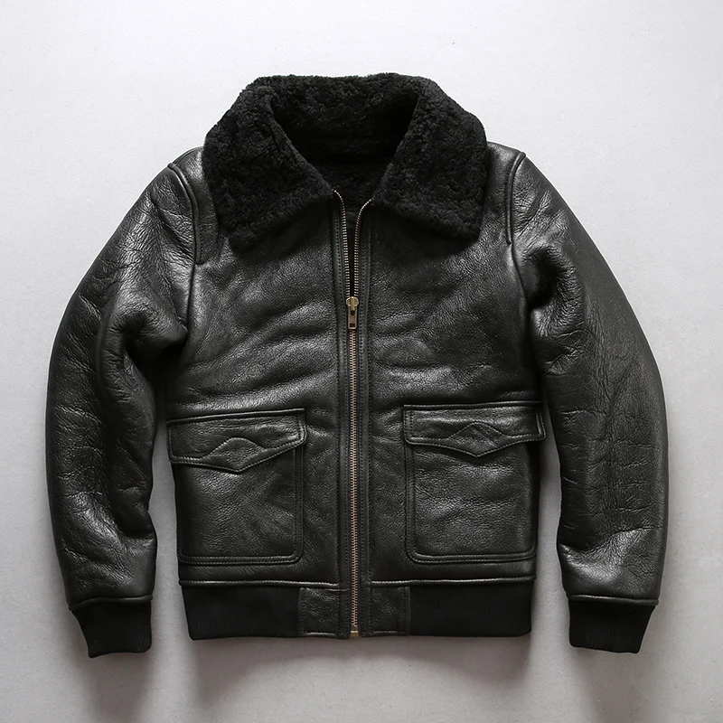 Deals 8013 european size super quality warm genuine sheep leather jacket mens big size shearling bomber military fur G1 jacket