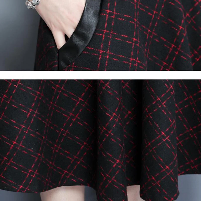 Новое поступление зимняя плотная Шерстяная длинная юбка для женщин Винтажная PU пэчворк с высокой талией Клетчатая Шерстяная женская юбка женская