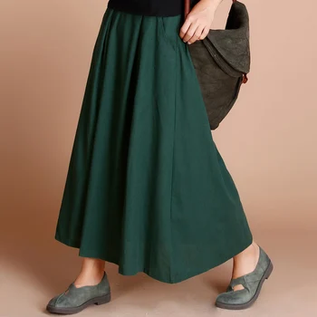 

Chinese Style Women Vintage Ethnic Elegant Cotton Linen Large Swing Skirt Beach Casual Over Size Loose Maxi Skirts Female Bottom