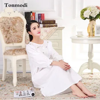 

Long Nightgowns For Women Cotton Woven Nightgown White Stitch Sleep Skirt Loose Comfortable Lounge Nightdress