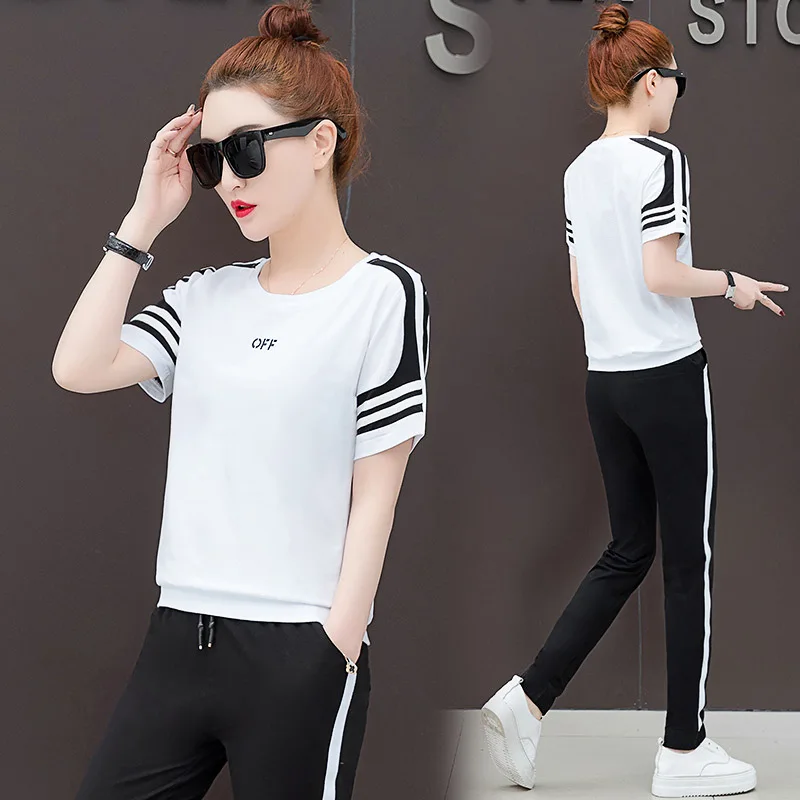 

Summer Women Sportswear Tracksuit Loose Short Sleeve T-shirts Sweatshirt Long Pant Running Jogger Casual Fitnesss Workout Set