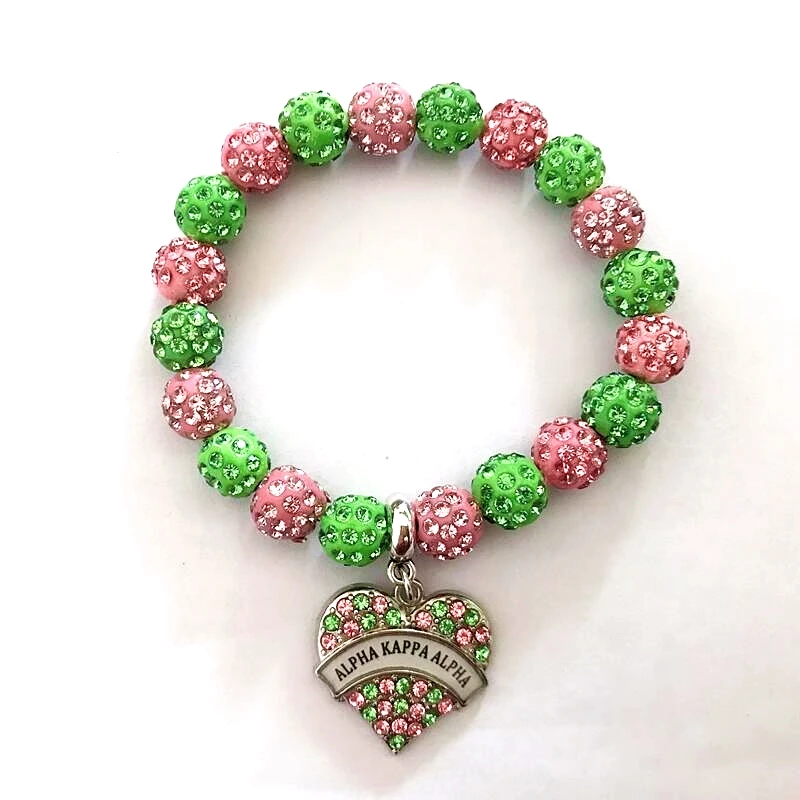 

Sorority AKA jewelry i heart aka charm bracelets pink green rhinestone ball 10mm beads bracelets alpha jewelry for women gift