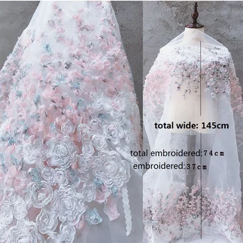 

0.5meter/lot 145cm wide 3D consume dress organza fabric wedding cloth mesh flower fabric cloth pink color X058