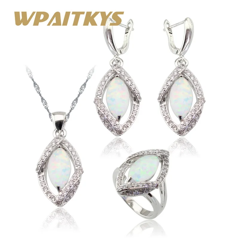 Marquise Fire White Opal արծաթագույն գույնի զարդեր հավաքածու կանանց համար Հարսանյաց մանյակ, կախազարդ, ականջողներ, օղակներ