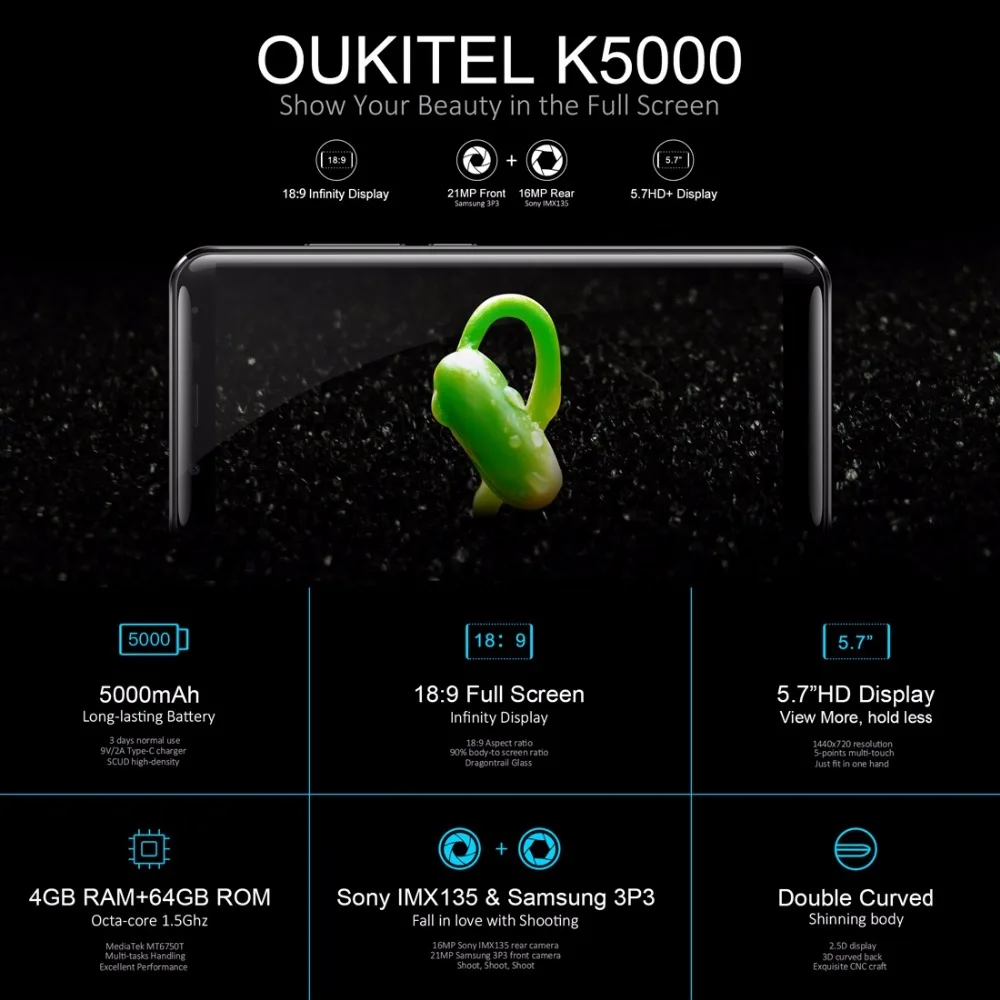 Oukitel K5000 мобильного телефона 5 7 &quot ВЫСОКАЯ ЧЁТКОСТЬ Full Дисплей MTK6750 Octa Core Android 0 4 Гб