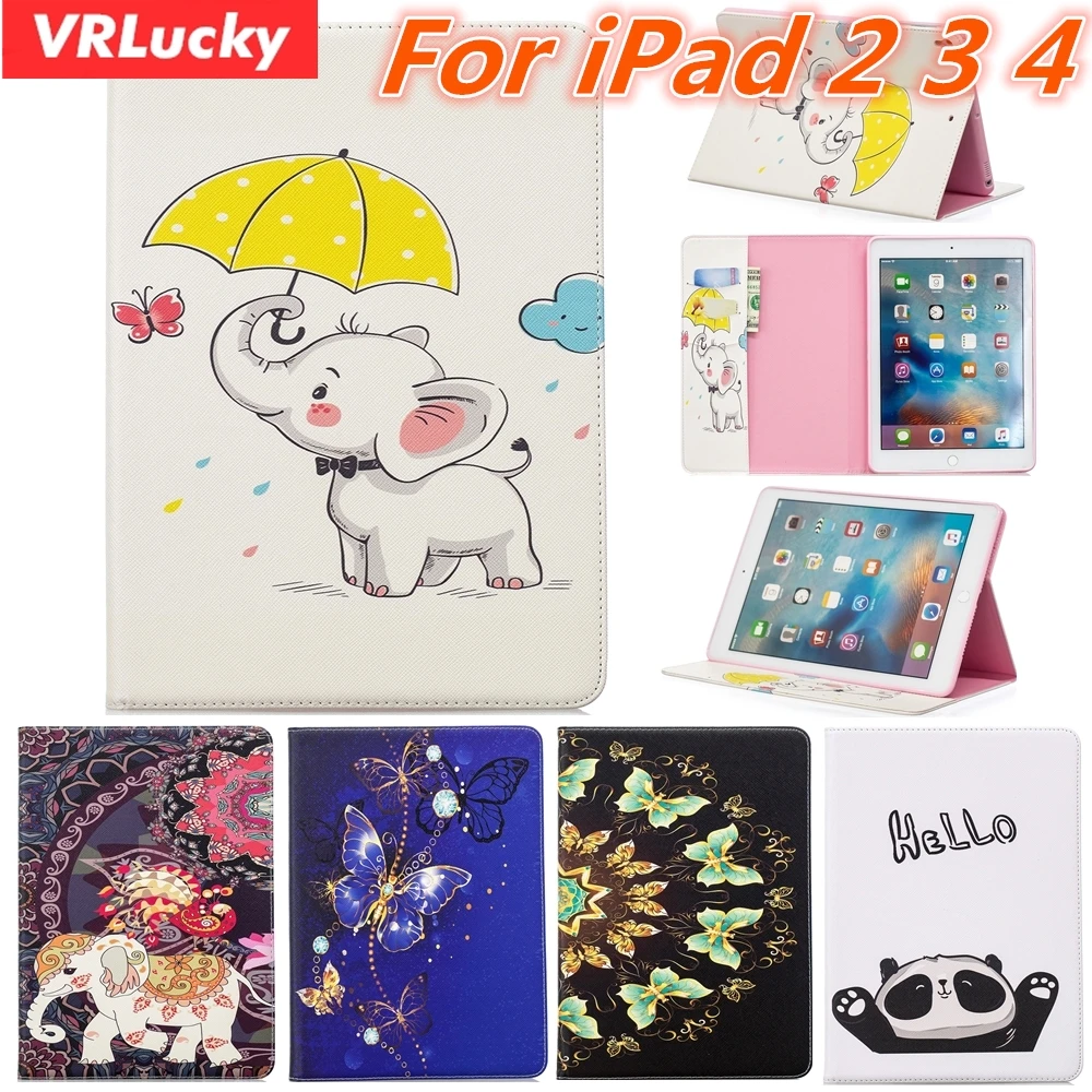 

VRLucky For iPad 2 3 4 Case Colored Painting Elephant Panda Butterfly Pattern Flip and Stand PU Leather Cover Case