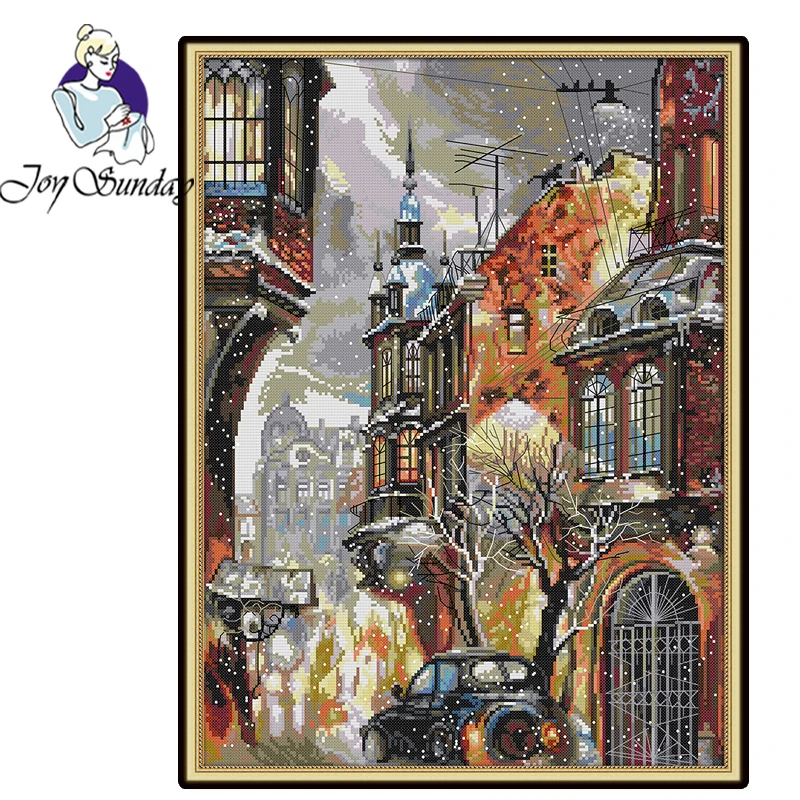 

Joy Sunday,Snow in the city,cross stitch embroidery set,printing cloth embroidery kit,needlework,Scenery pattern cross stitch