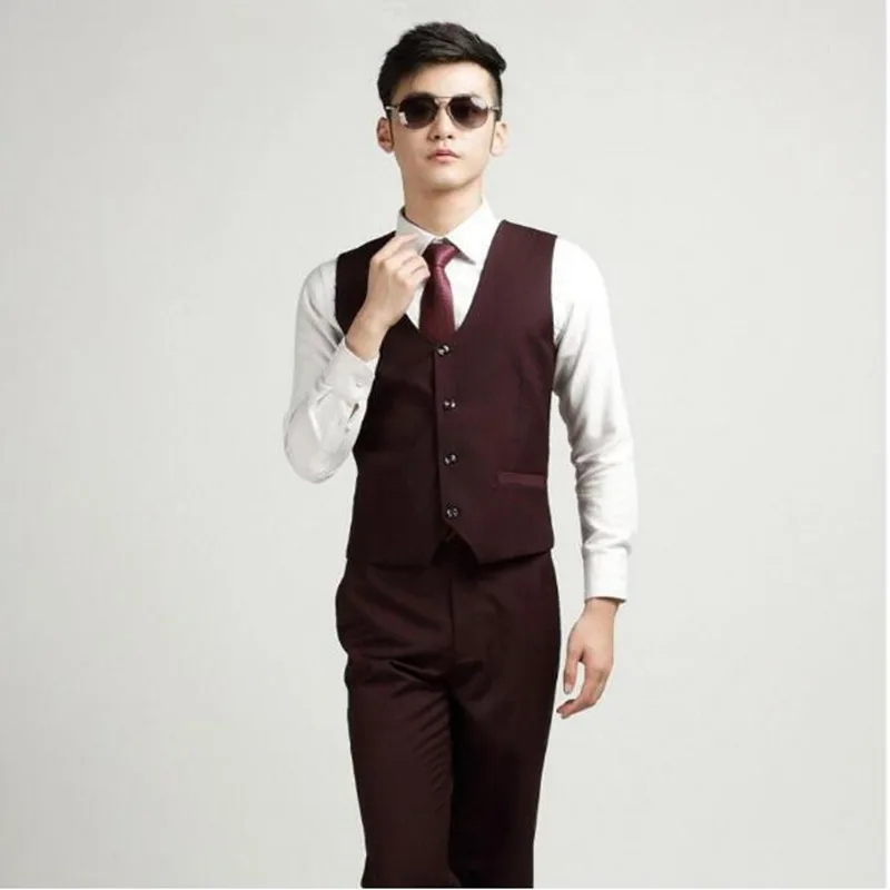 Autumn Fashion Men's Office Formal Business Vests Bestman Wine Red Suit