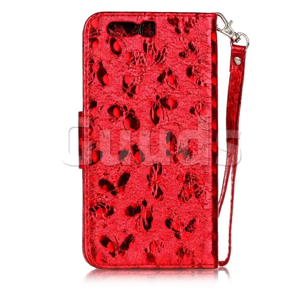 Luxury Laser Butterfly Optical Maser Leather Wallet Case for Huawei P10 Plus - Red